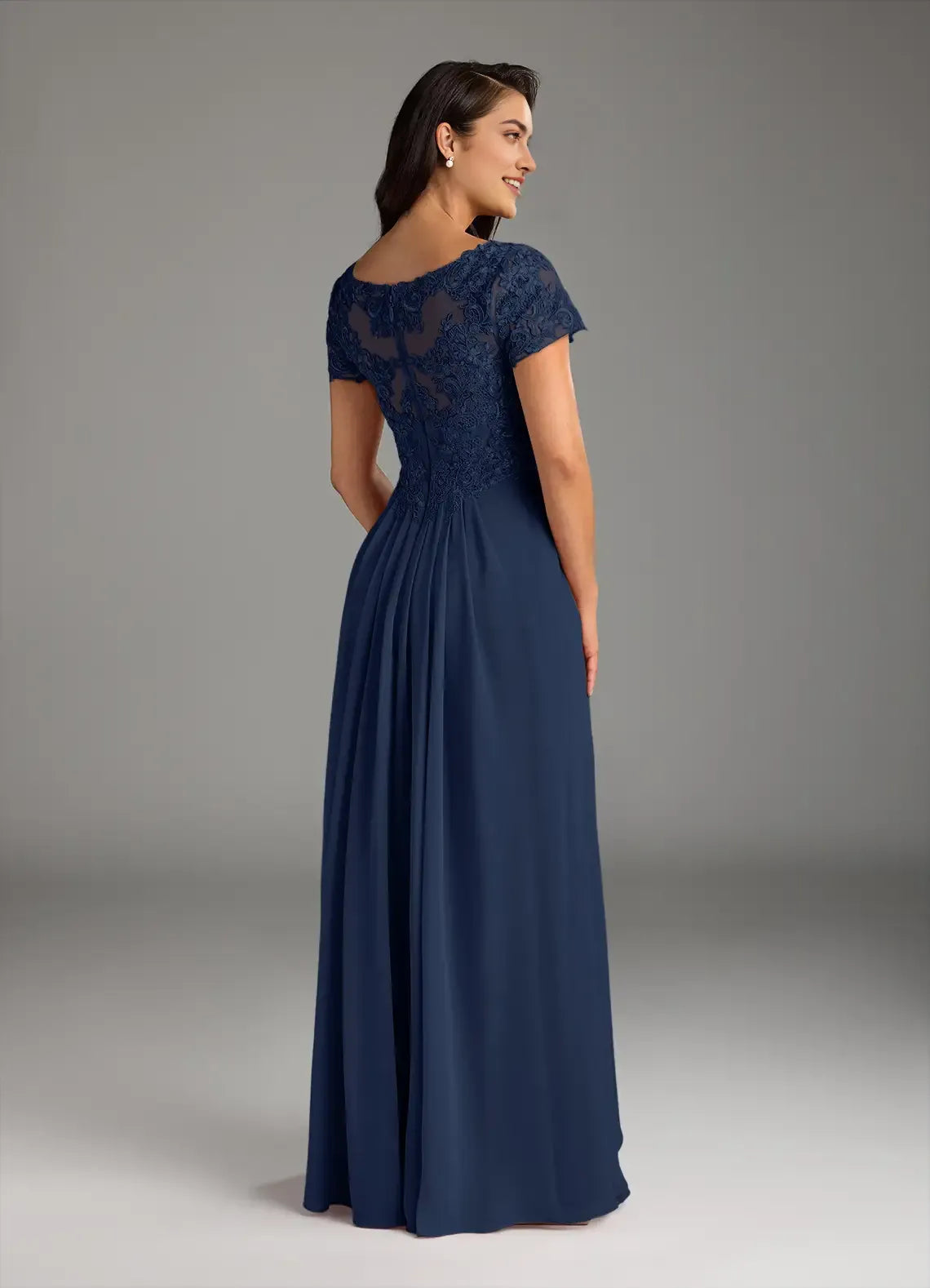 Dark Navy A-Line Mother of the Bride Dresses Lace Detailed V Neck Sheer Short Sleeves  Trendy hot sale for women