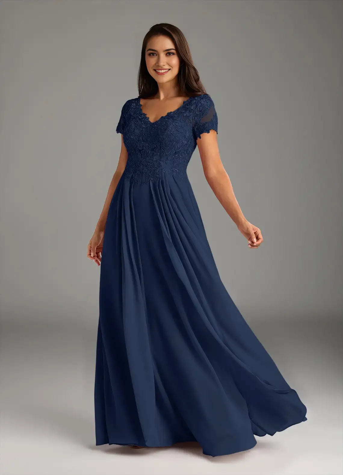 Dark Navy A-Line Mother of the Bride Dresses Lace Detailed V Neck Sheer Short Sleeves  Trendy hot sale for women