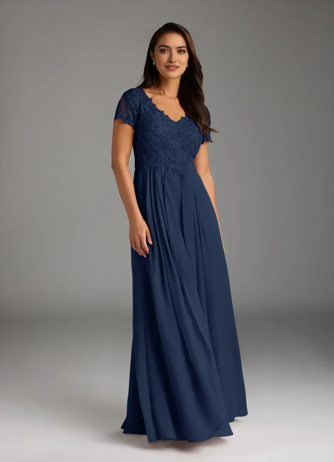 Dark Navy A-Line Mother of the Bride Dresses Lace Detailed V Neck Sheer Short Sleeves  Trendy hot sale for women