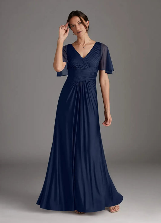 Dark Navy A-Line Pleated  Mother of the Bride Dress with Sheer Flutter Sleeves Ruched V - Neck Bodice Flowy Chiffon Skirt