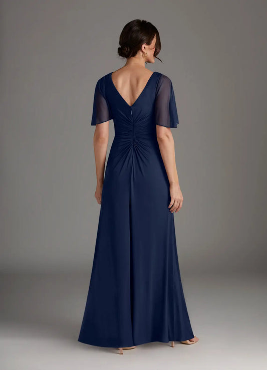 Dark Navy A-Line Pleated  Mother of the Bride Dress with Sheer Flutter Sleeves Ruched V - Neck Bodice Flowy Chiffon Skirt