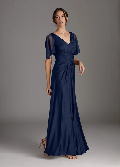 Dark Navy A-Line Pleated  Mother of the Bride Dress with Sheer Flutter Sleeves Ruched V - Neck Bodice Flowy Chiffon Skirt