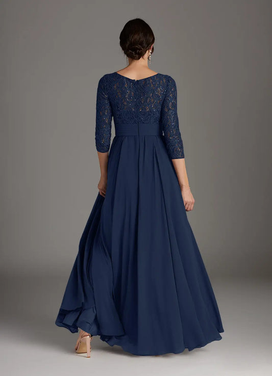 Dark Navy A-Line Sequins Chiffon hot sale Mother of the Bride Dress with Lace Bodice Boat Neckline 3/4 Sleeves