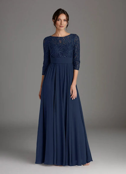 Dark Navy A-Line Sequins Chiffon hot sale Mother of the Bride Dress with Lace Bodice Boat Neckline 3/4 Sleeves