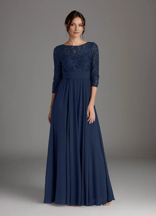 Dark Navy A-Line Sequins Chiffon hot sale Mother of the Bride Dress with Lace Bodice Boat Neckline 3/4 Sleeves