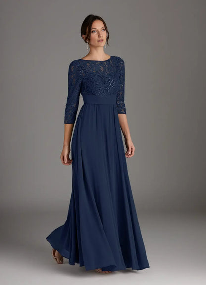 Dark Navy A-Line Sequins Chiffon hot sale Mother of the Bride Dress with Lace Bodice Boat Neckline 3/4 Sleeves