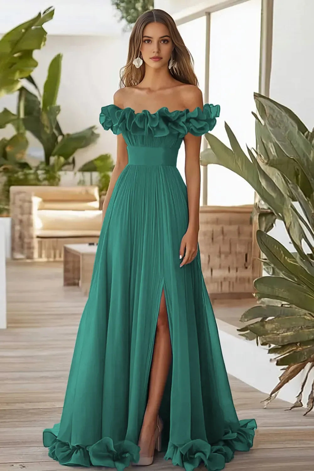 Dark Navy A Line Off the Shoulder Long Formal Dress with Slit