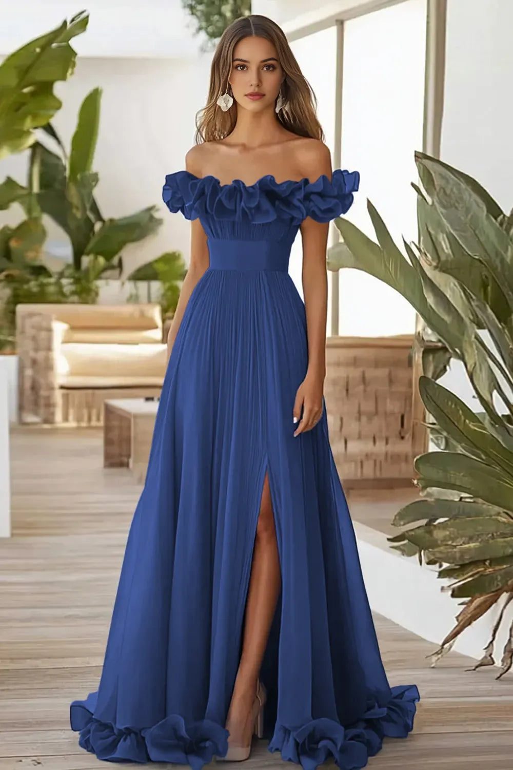 Dark Navy A Line Off the Shoulder Long Formal Dress with Slit