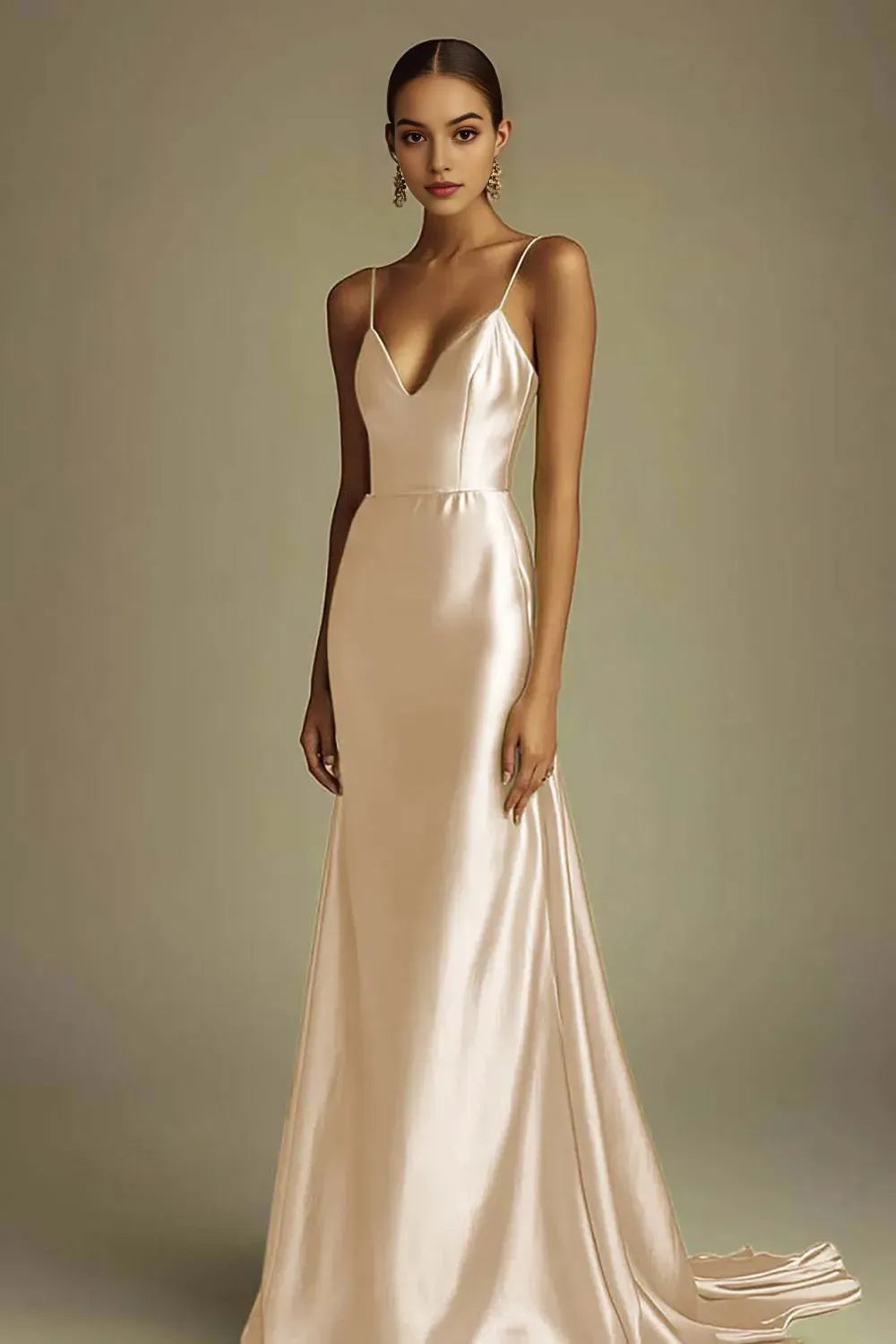 Dark Navy Satin Sheath Spaghetti Straps V-Neck Long Prom Dress