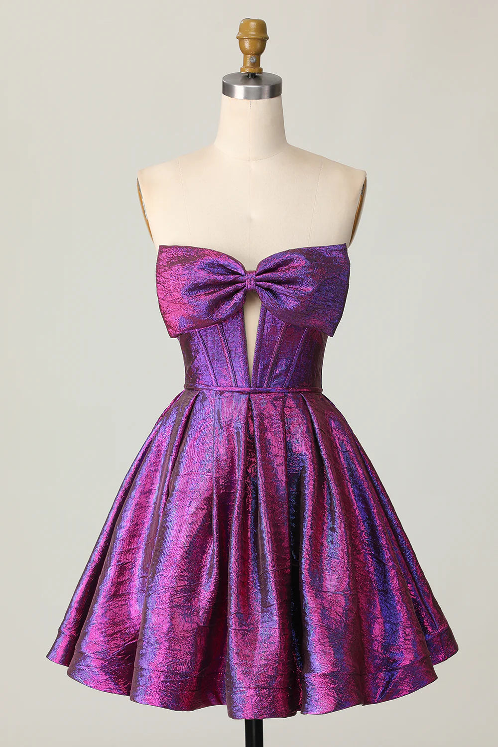 Dark Purple Corset Metallic A Line Short Homecoming Dress with Bow