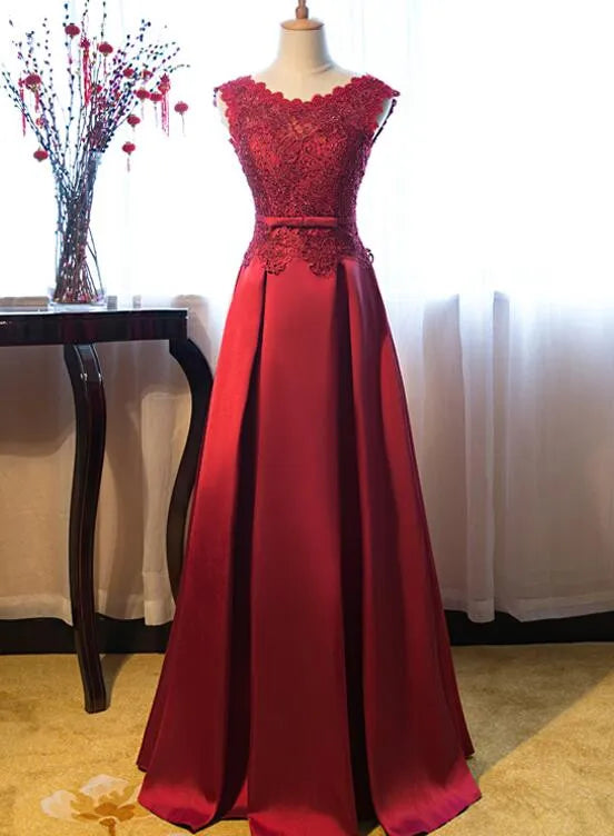 Dark Red Lace and Satin Long Junior Prom Dress Lace Top Party Dress ﻿