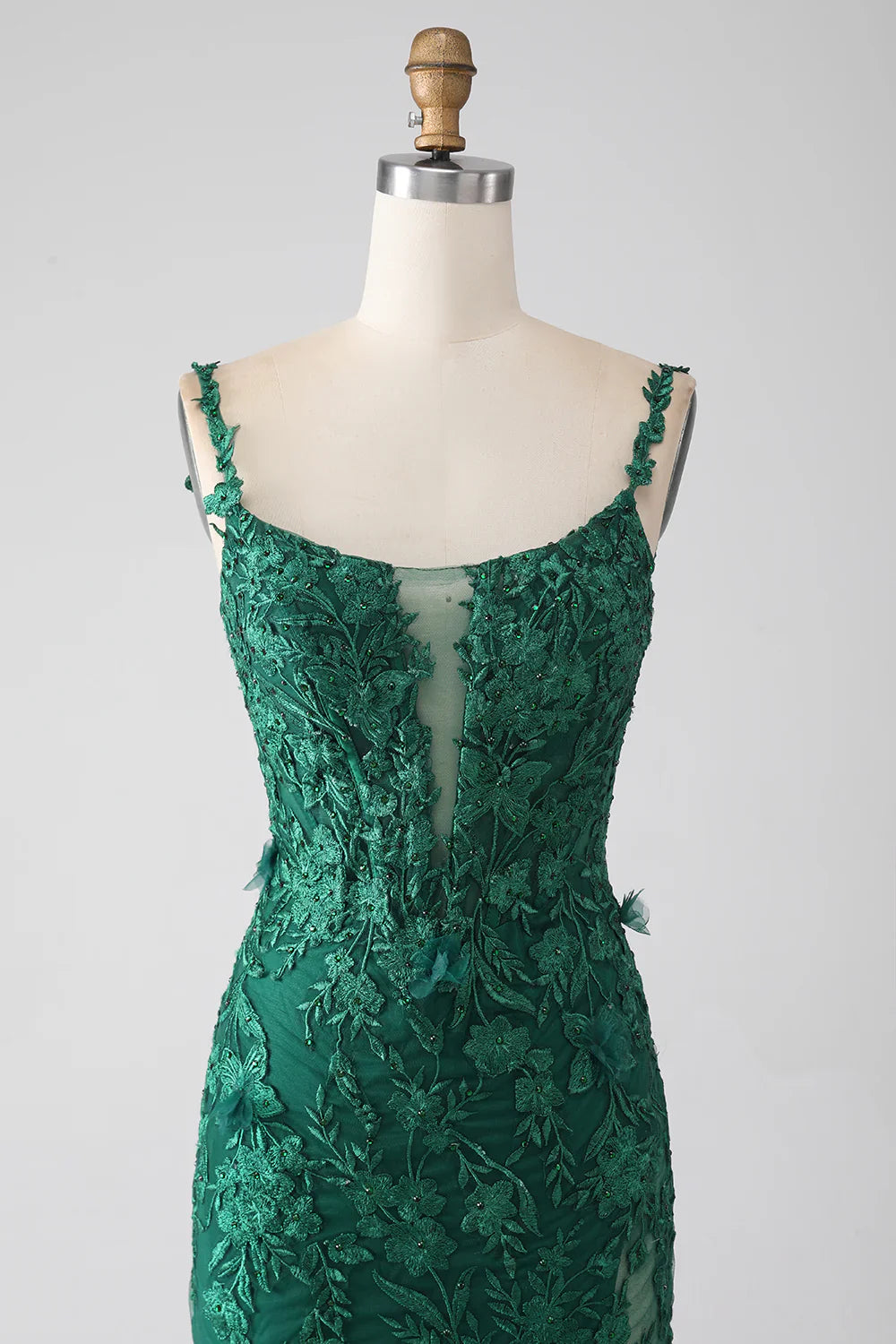 DingJiDress Dark Green Mermaid Spaghetti Straps Long Prom Dress with Appliques