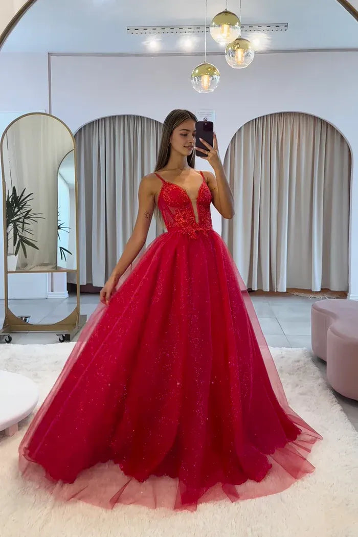 Dark Red V-Neck Tulle Spaghetti Strap Long Prom Dress with Lace