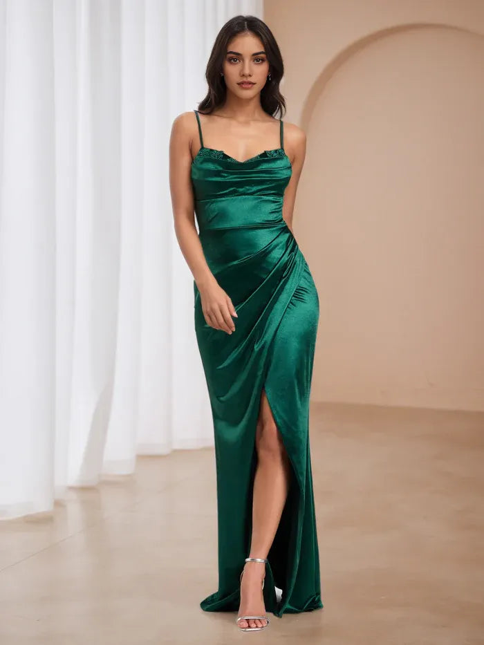 Elegant Emerald Green Satin Prom Dress with Cowl Neck Spaghetti Straps Side Slit - Formal Evening Gown for Gala Dance Events