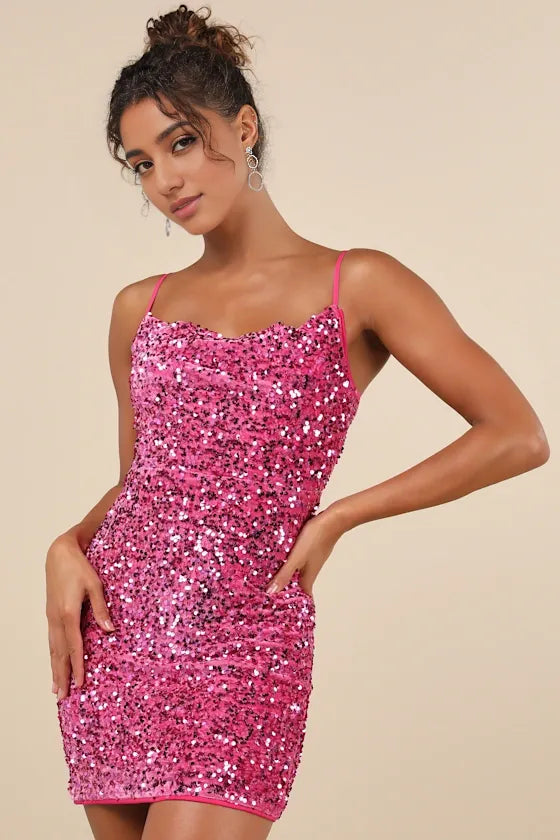 Dazzling Magenta Pink Velvet Sequin Homecoming Dresses