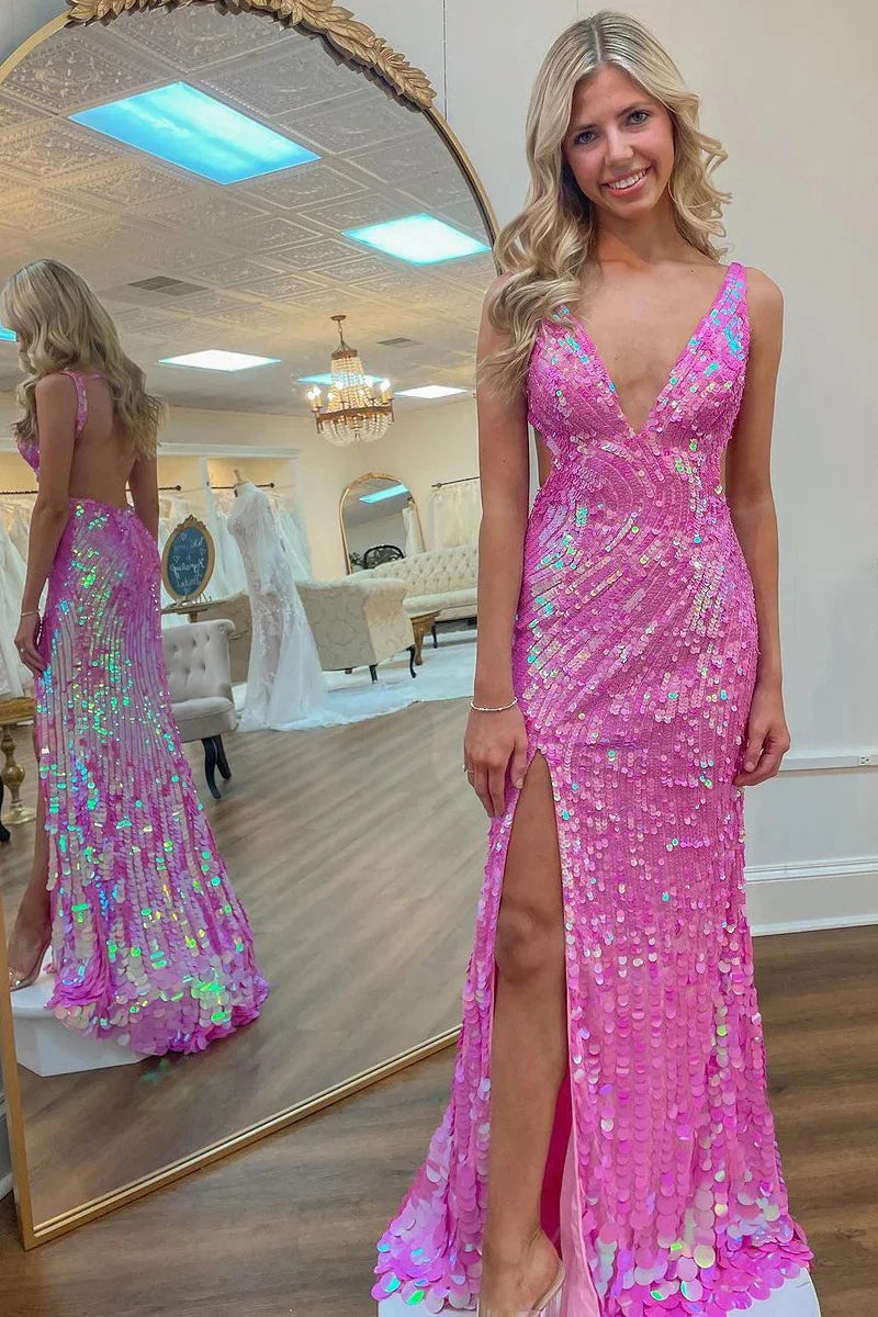 Dazzling Mermaid V-Neck Backless Hot Pink Party Dress