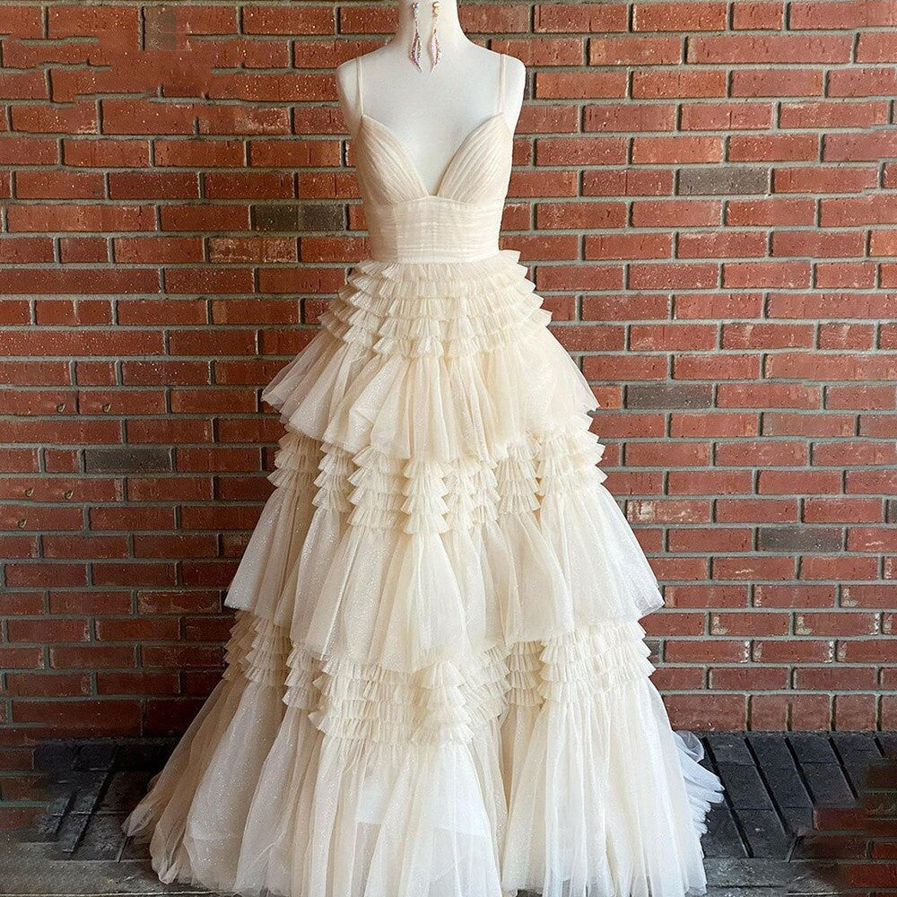 DingJiDress A Line Tulle Layered Deep V Neck Prom Dresses Elegant High Evening Dresses