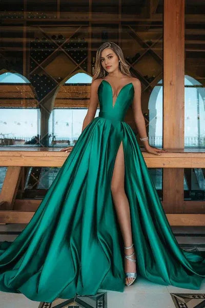 Deep Double V-neck Evening  Dress Satin Front Split Party Gowns