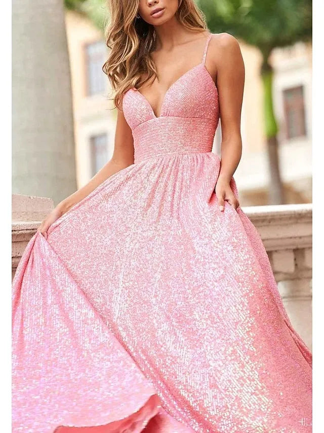 Deep V - Neck Iridescent Sequin Prom Dress with Ball Gown Skirt