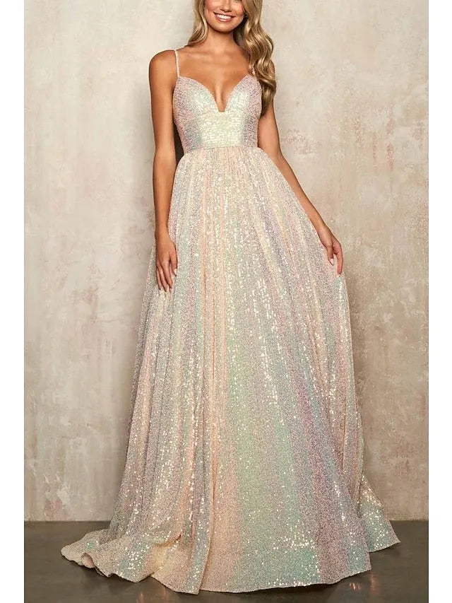 Deep V - Neck Iridescent Sequin Prom Dress with Ball Gown Skirt