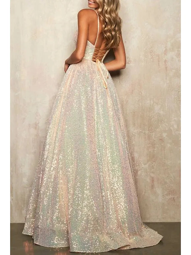 Deep V - Neck Iridescent Sequin Prom Dress with Ball Gown Skirt