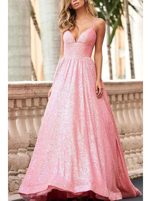 Deep V - Neck Iridescent Sequin Prom Dress with Ball Gown Skirt