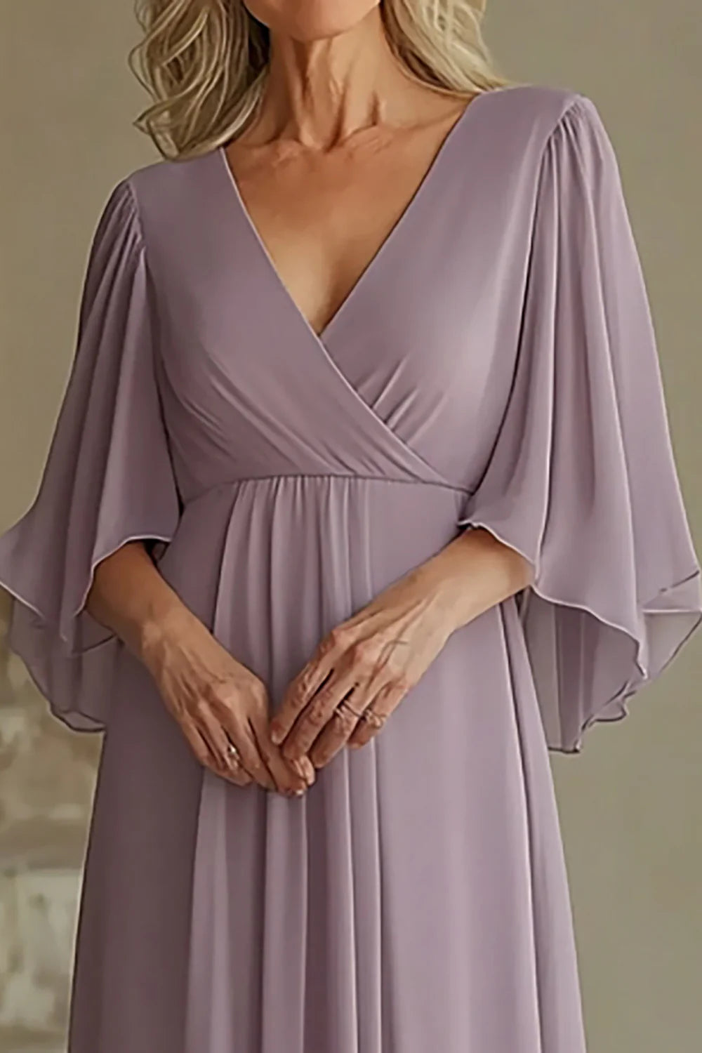 Deep V-Neck Lilac Chiffon Long Mother of the Bride Dress with Half Sleeves