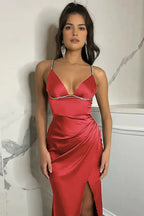 Deep V - Neck Pink Satin Party Dress with Side Slit  Rhinestone Detail