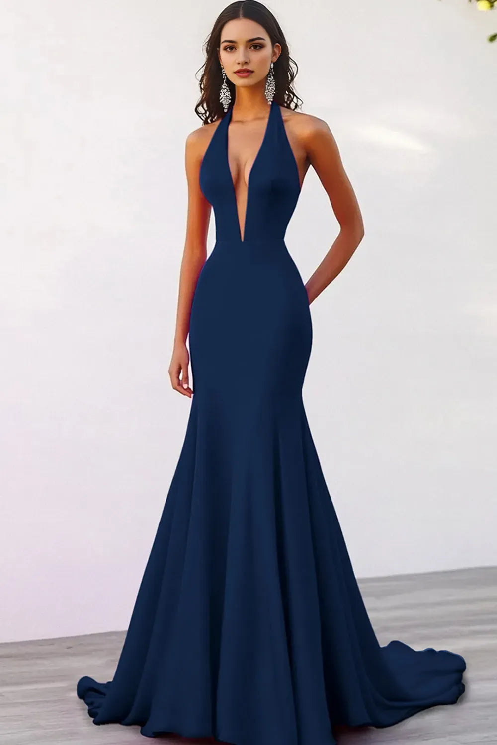 Deep V Neck Halter Mermaid Fuchsia Evening Dress