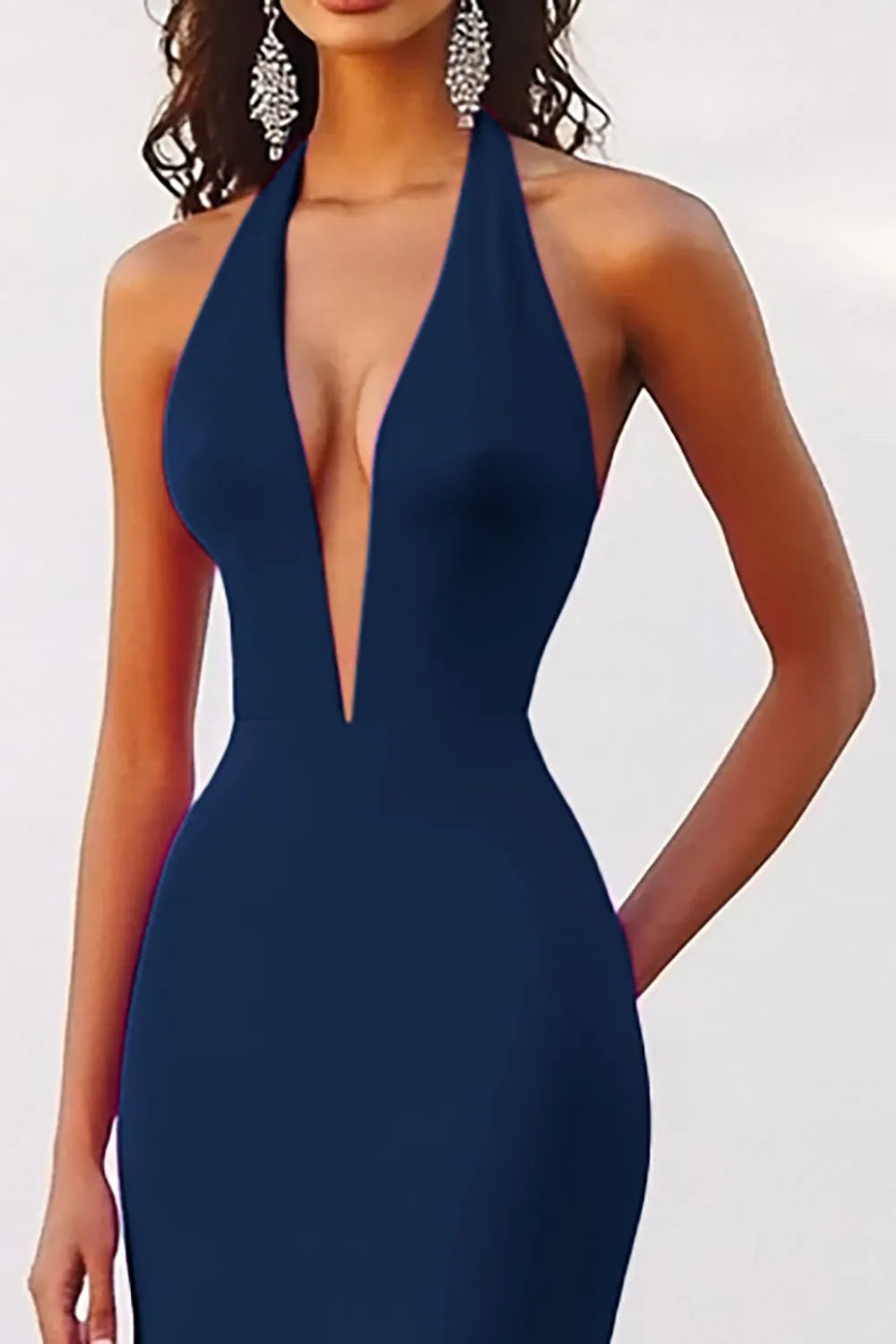 Deep V Neck Halter Mermaid Fuchsia Evening Dress