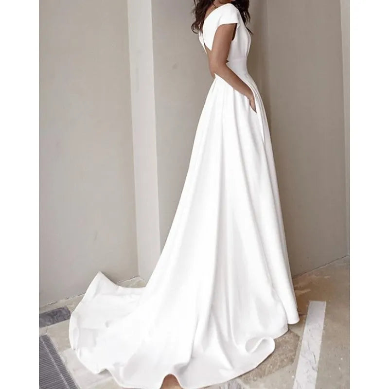 Deep V Wedding Dresses  White Satin Waist  Accentuating High Slit Train
