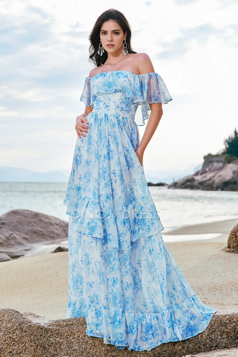 DingJiDress Hot Sale Prom Dress A Line Off The Shoulder Backless Ruffles Printing Boho Exquisite Long Formal Dresses