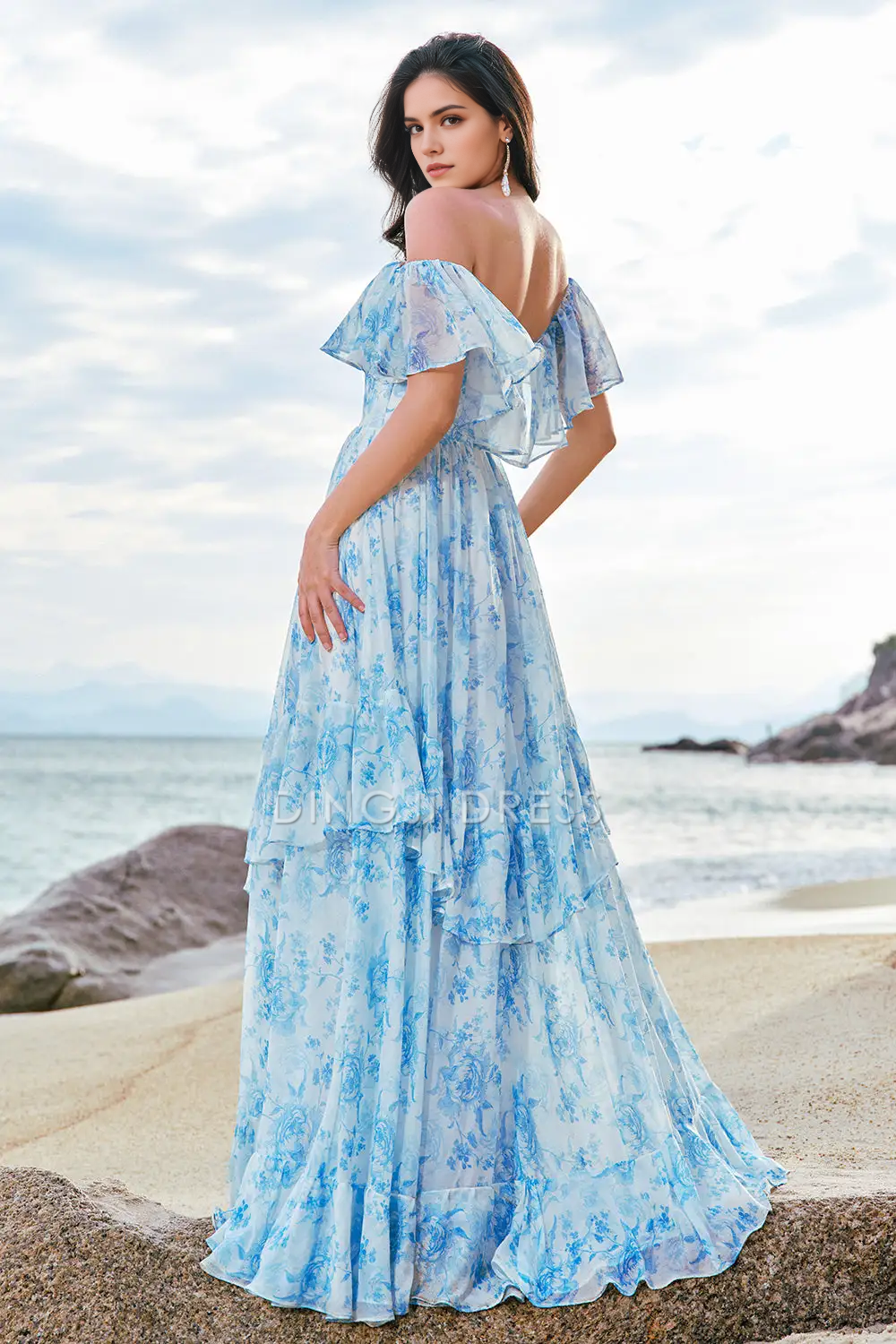 DingJiDress Hot Sale Prom Dress A Line Off The Shoulder Backless Ruffles Printing Boho Exquisite Long Formal Dresses