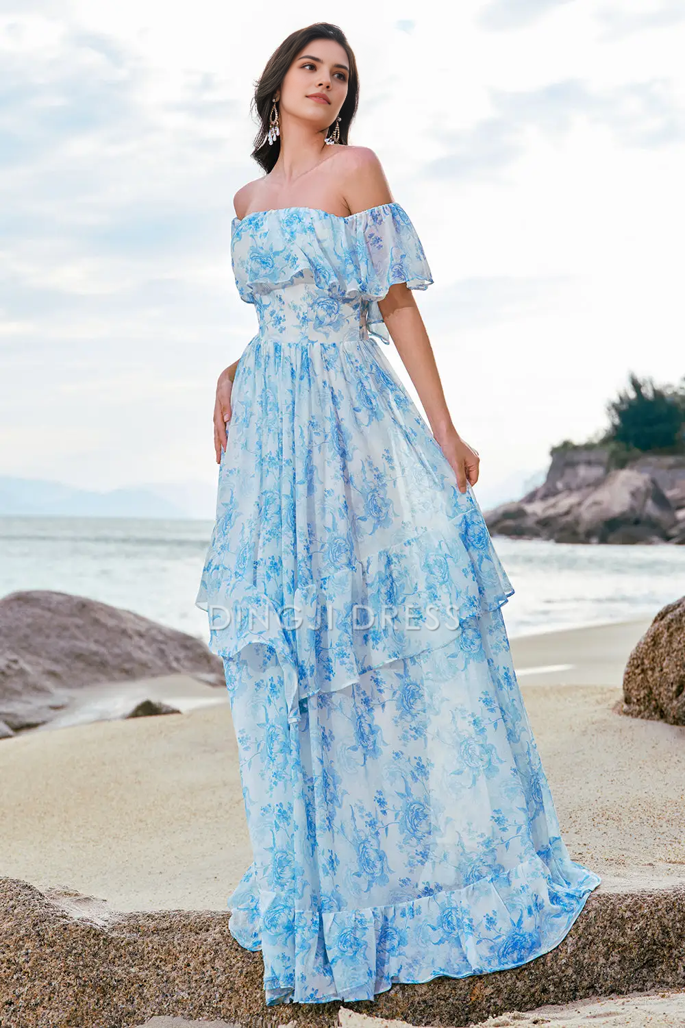 DingJiDress Hot Sale Prom Dress A Line Off The Shoulder Backless Ruffles Printing Boho Exquisite Long Formal Dresses