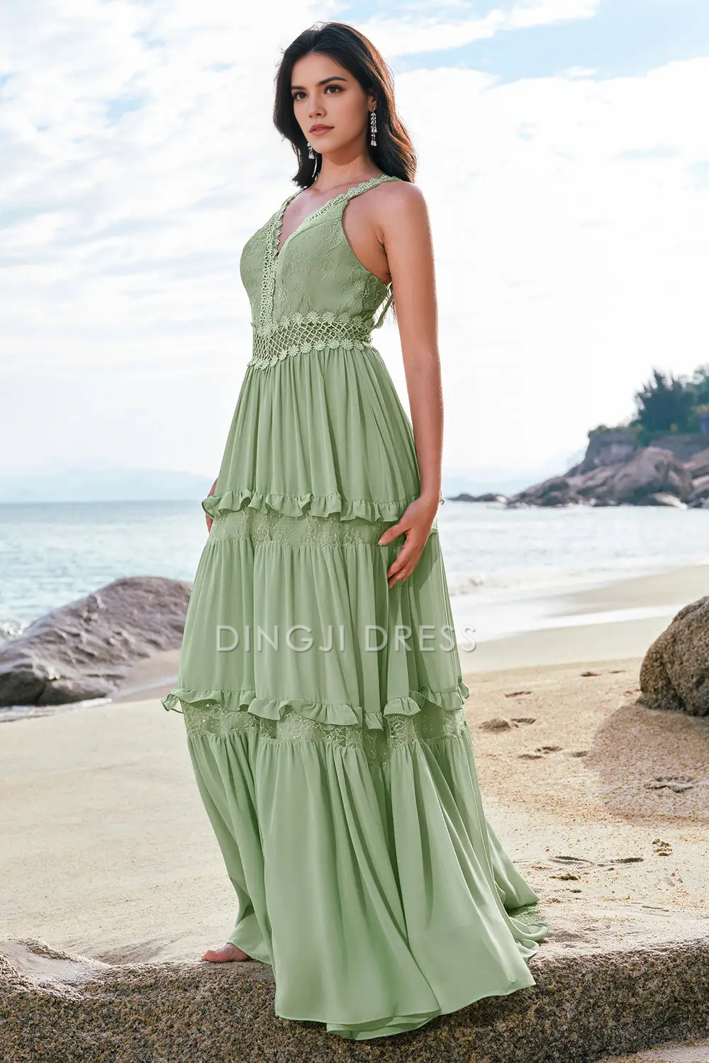 DingJiDress Hot Sale Prom Dress A Line V Neck Ruffled Backless Floral Lace Bohemia Long Formal Dresses