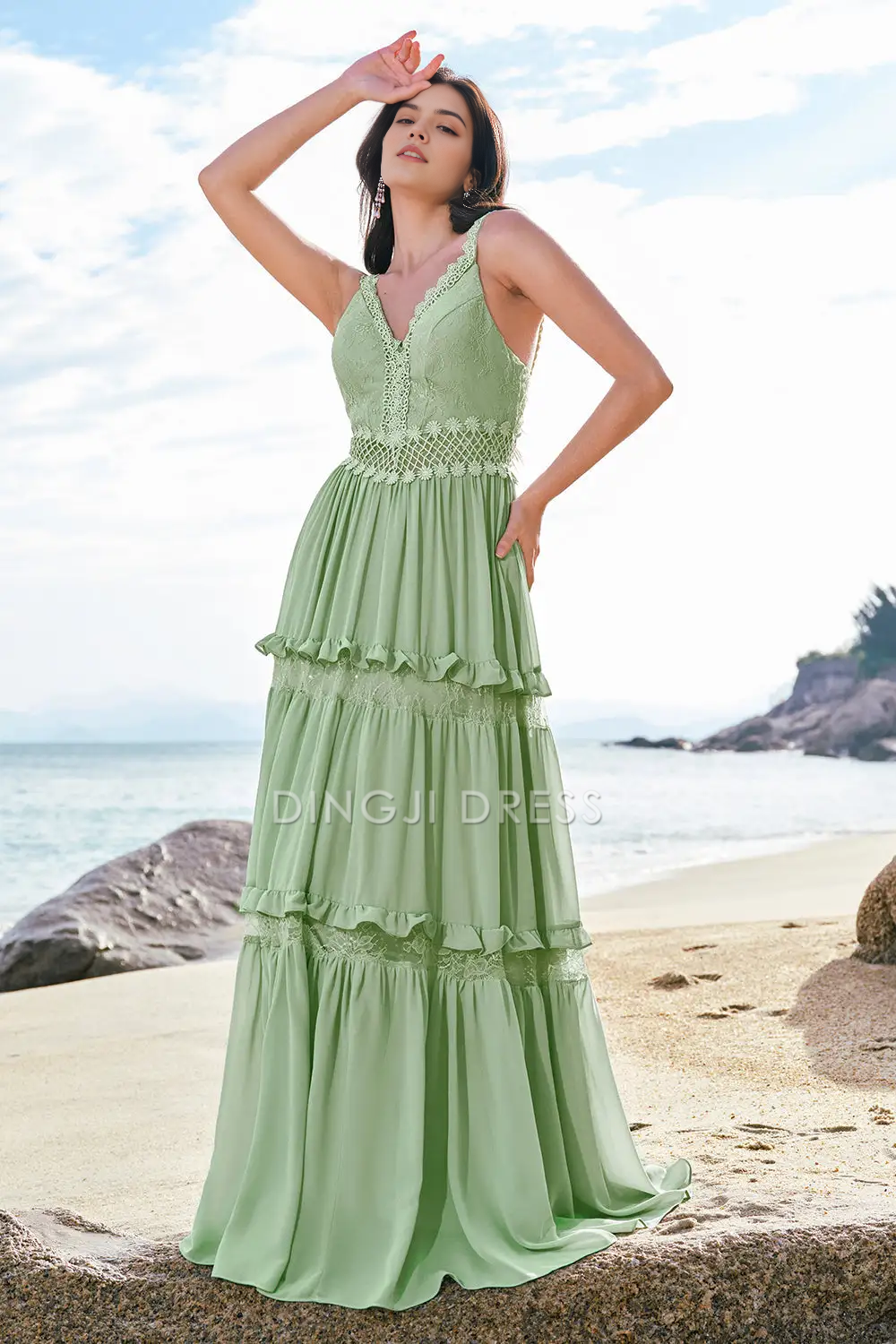 DingJiDress Hot Sale Prom Dress A Line V Neck Ruffled Backless Floral Lace Bohemia Long Formal Dresses