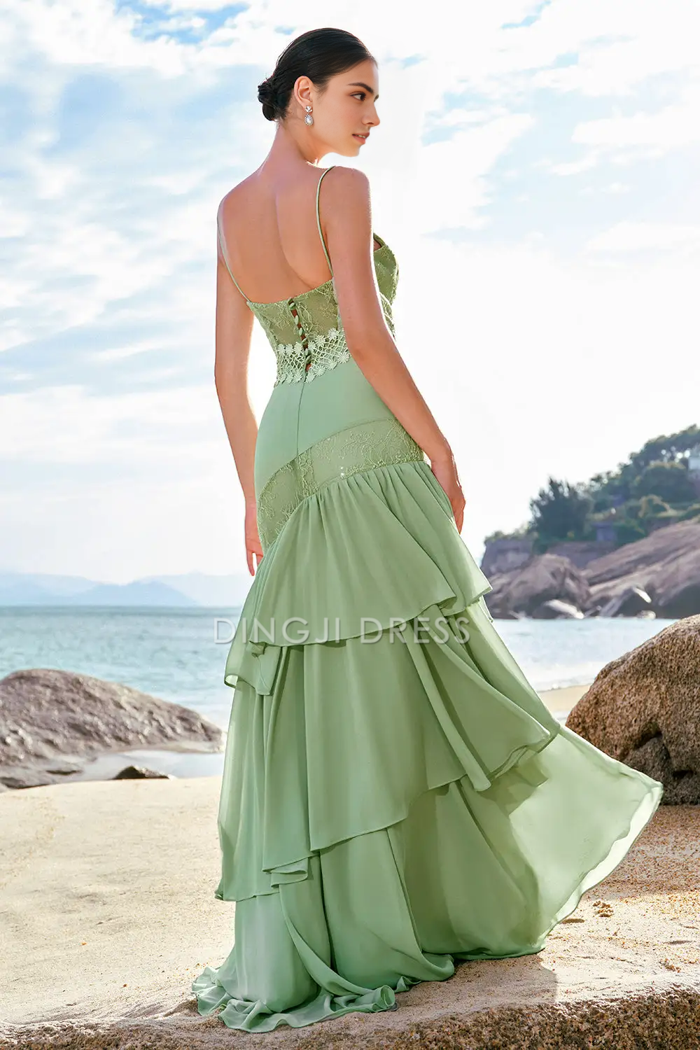 DingJiDress Hot Sale Prom Dress Mermaid Spaghetti Strap layering Ruffled Backless Floral Lace Exquisite Long Formal Dresses