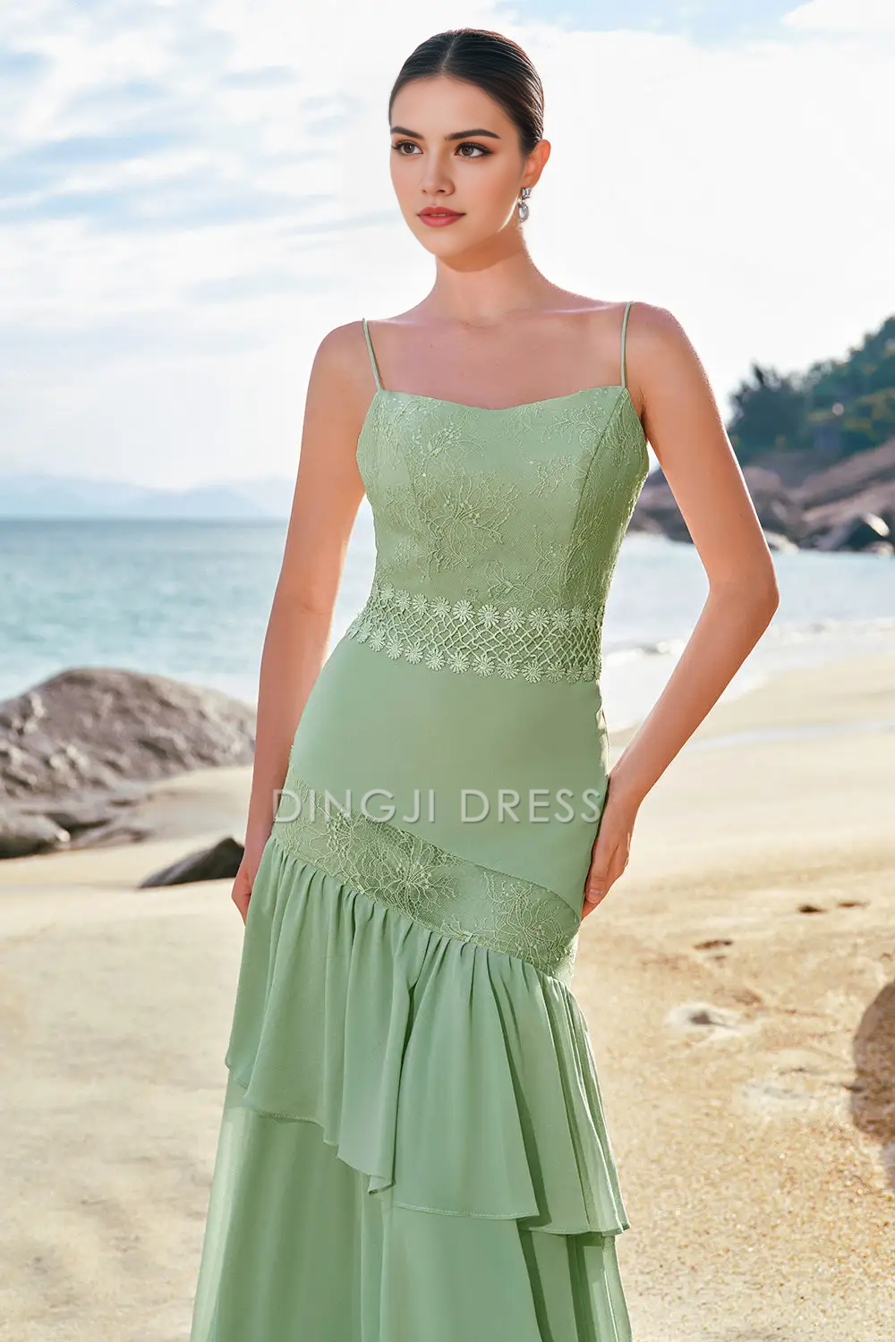 DingJiDress Hot Sale Prom Dress Mermaid Spaghetti Strap layering Ruffled Backless Floral Lace Exquisite Long Formal Dresses