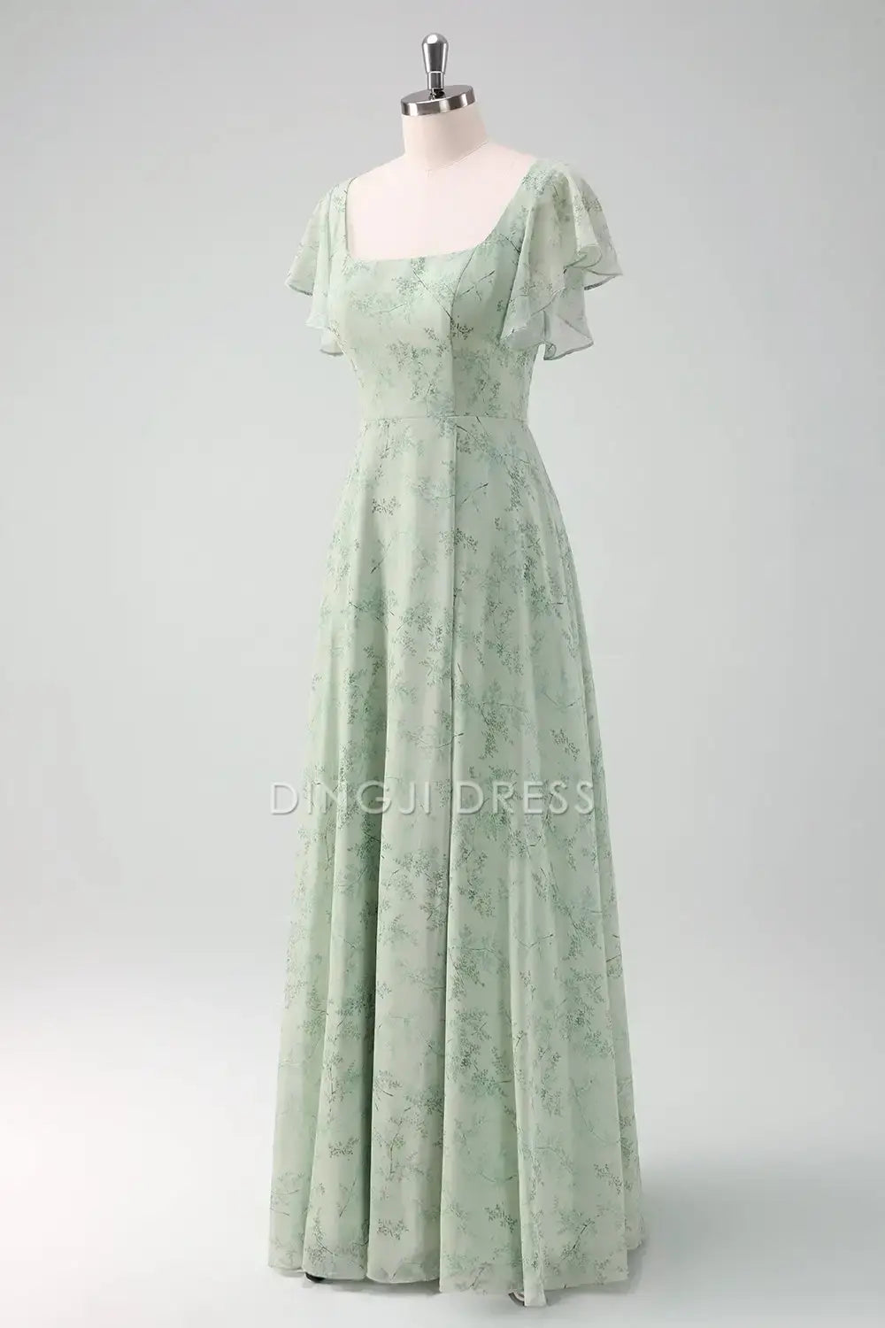 DingJiDress Hot Sale Prom Dress Sheath Square Neck Flutter Sleeves Floral Printed With Slit Fantastic Formal Dresses