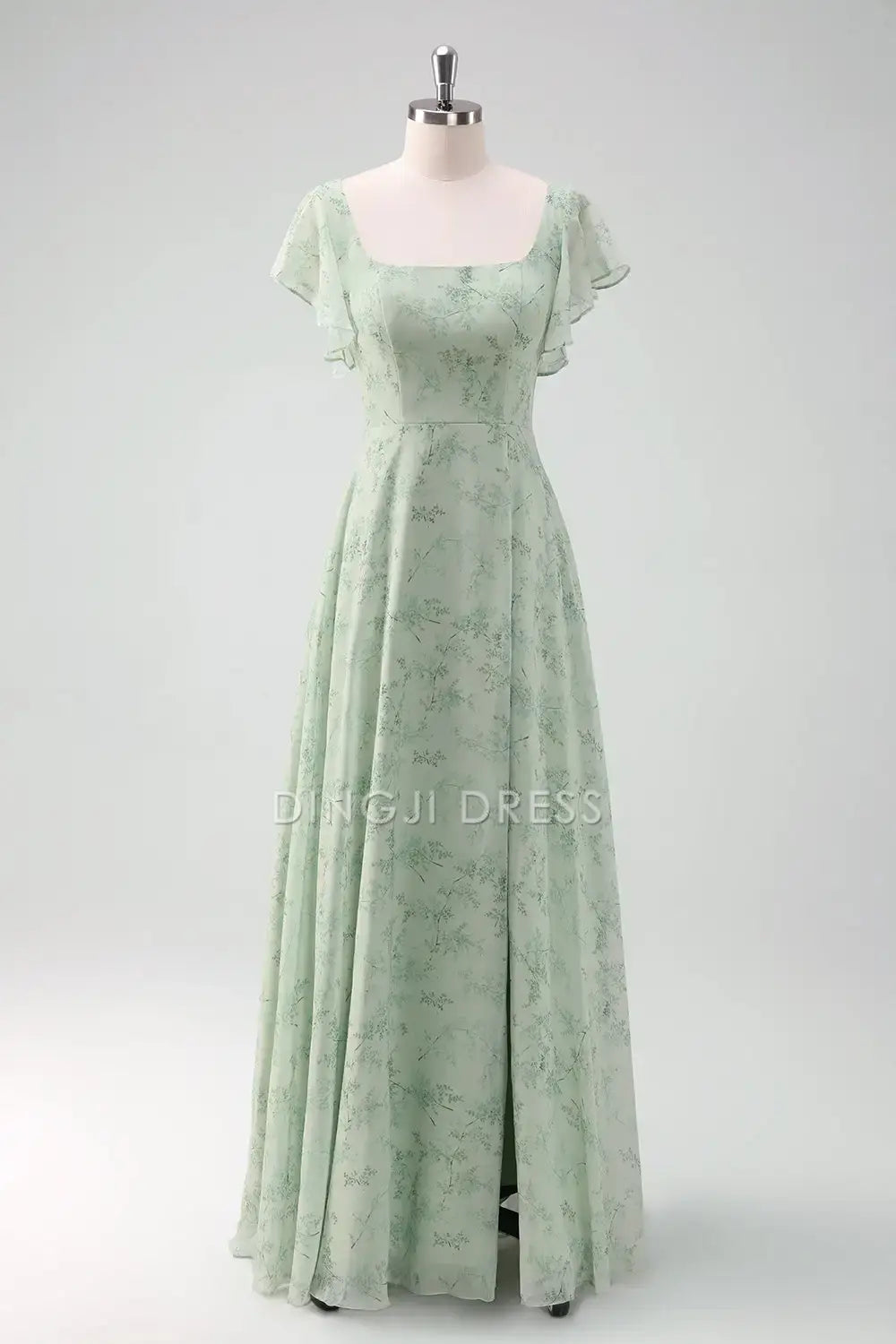 DingJiDress Hot Sale Prom Dress Sheath Square Neck Flutter Sleeves Floral Printed With Slit Fantastic Formal Dresses