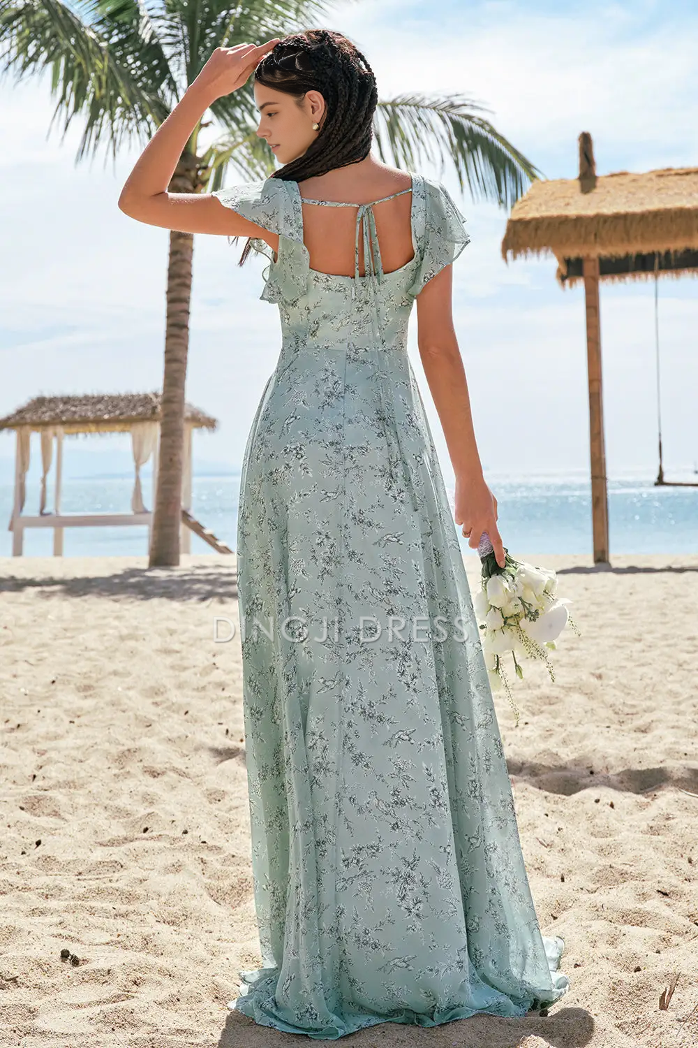 DingJiDress Hot Sale Prom Dress Sheath Square Neck Flutter Sleeves Floral Printed With Slit Fashion Formal Dresses
