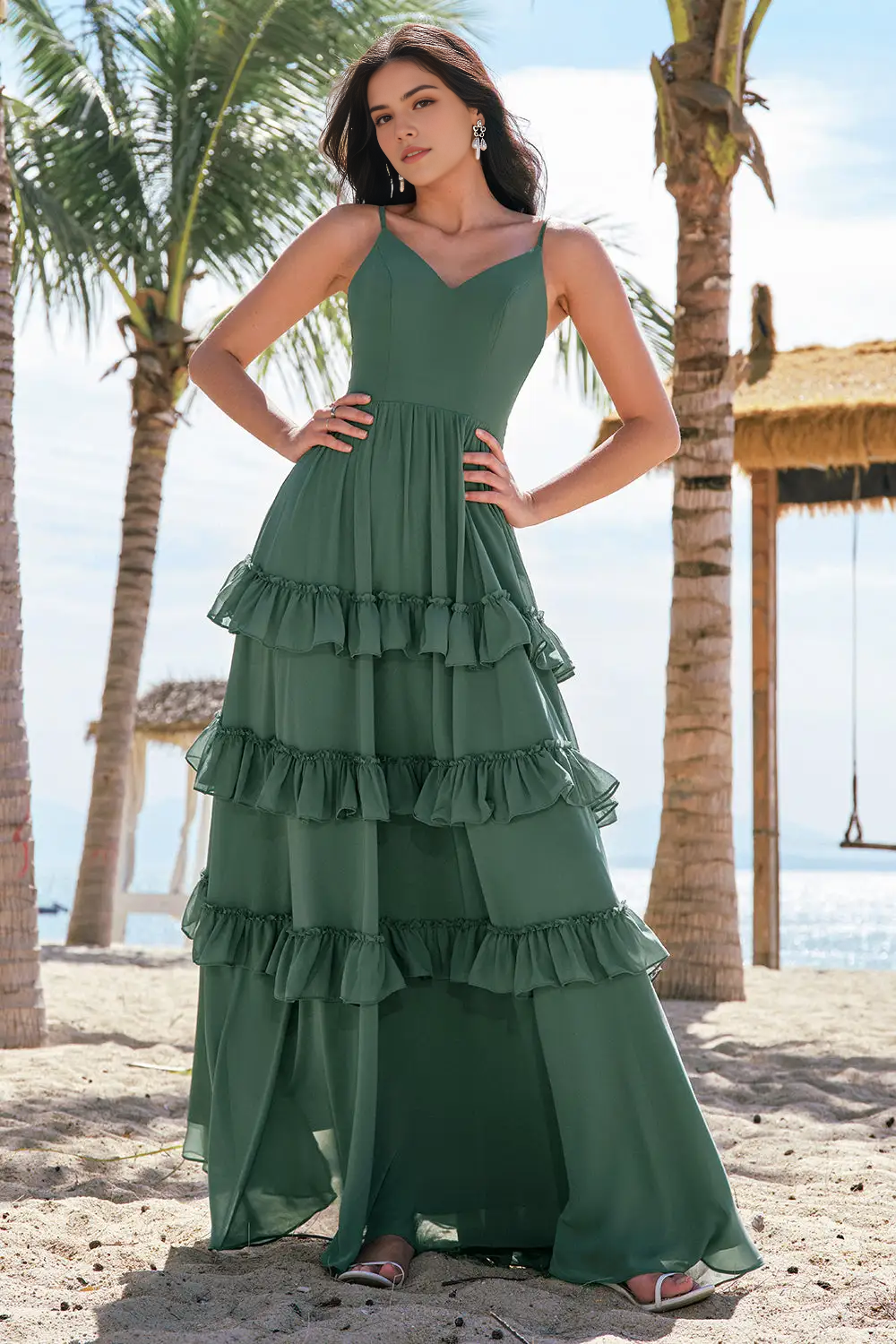 DingJiDress Hot Sale Prom Dress A Line V Neck Spaghetti Straps Backless Layering Ruffles Exquisite Long Formal Dresses