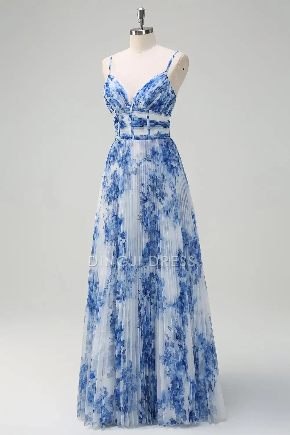 DingJiDress Hot Sale Prom Dress A Line V Neck Spaghetti Straps Printing Pleated Exquisite Long Formal Dresses