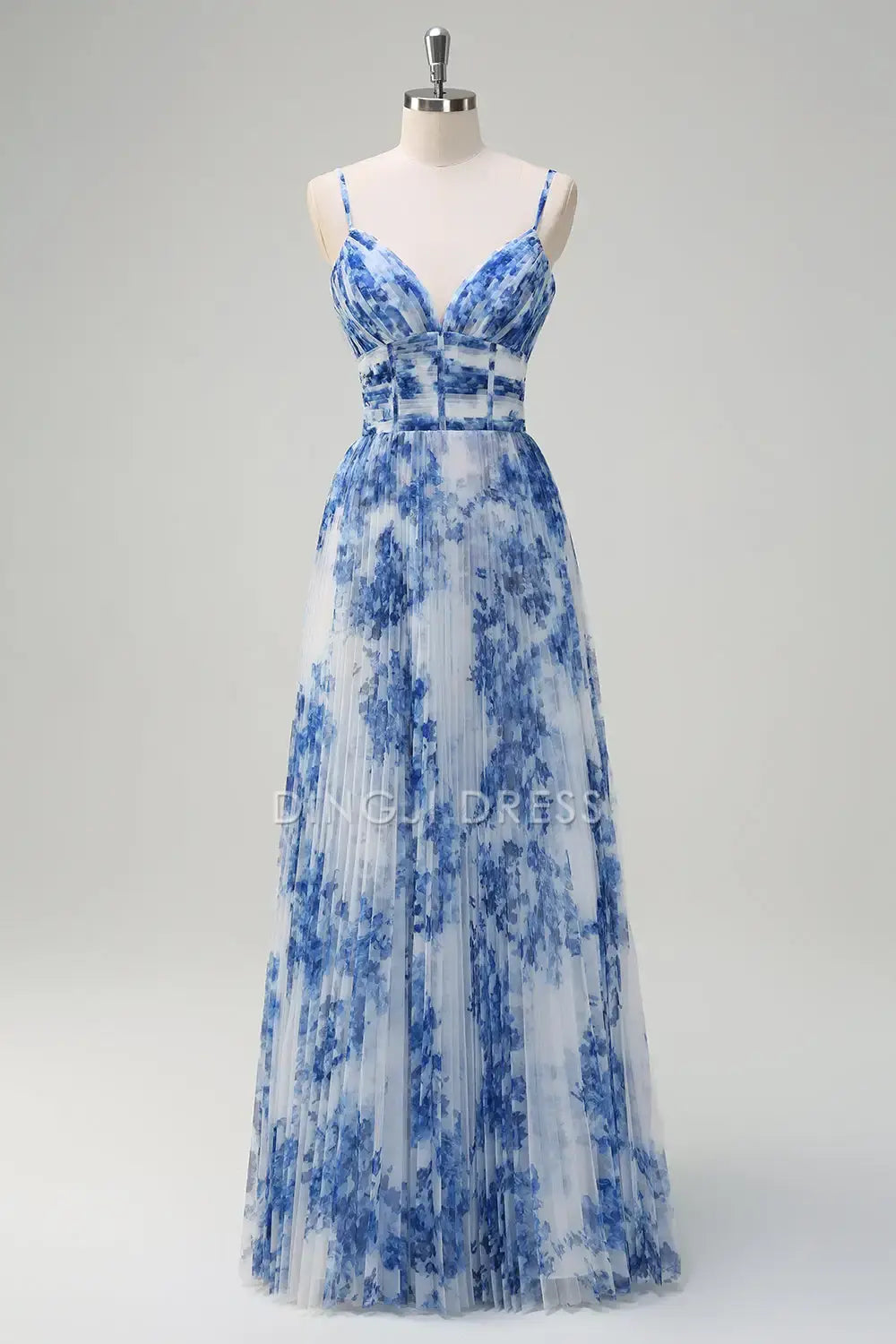 DingJiDress Hot Sale Prom Dress A Line V Neck Spaghetti Straps Printing Pleated Exquisite Long Formal Dresses