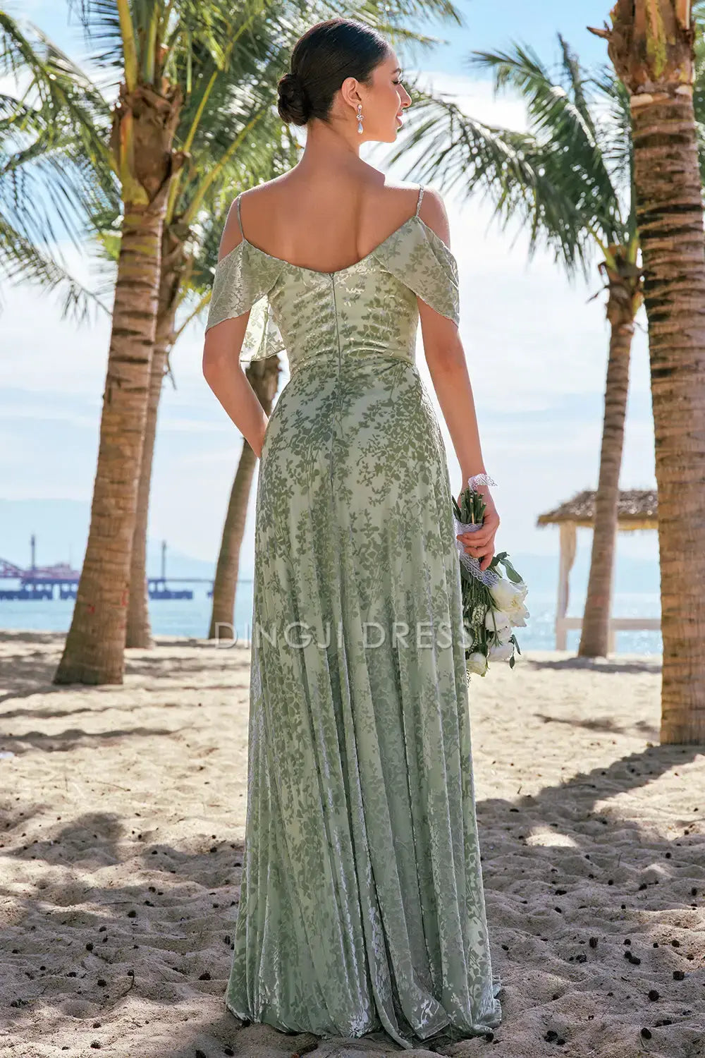 DingJiDress Hot Sale Prom Dress Sheath V Neck Spaghetti Strap Ruched Cold Shoulder Floral Side Fork Retro Long Formal Dresses