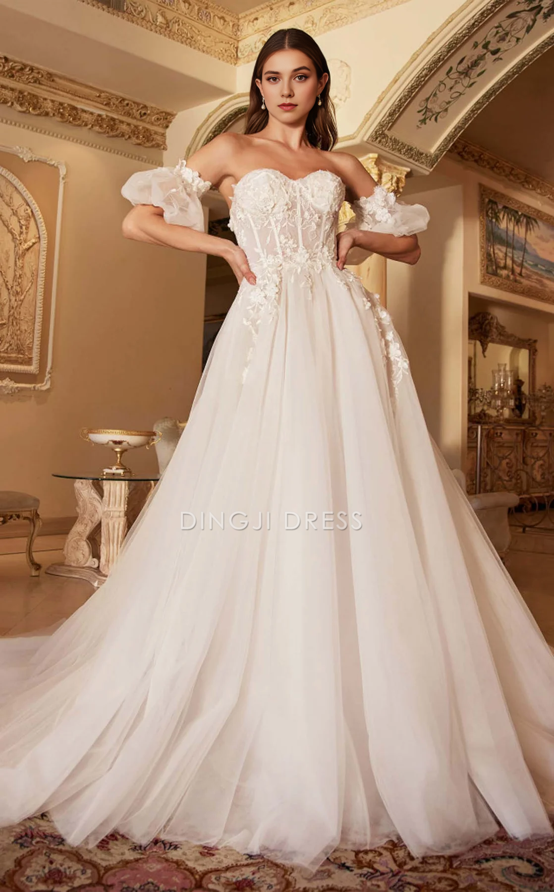 DingJiDress Hot Sale Wedding Dress Beautiful A Line Strapless Sweetheart Removable Sleeves Backless Elegant Formal Wear Dresses