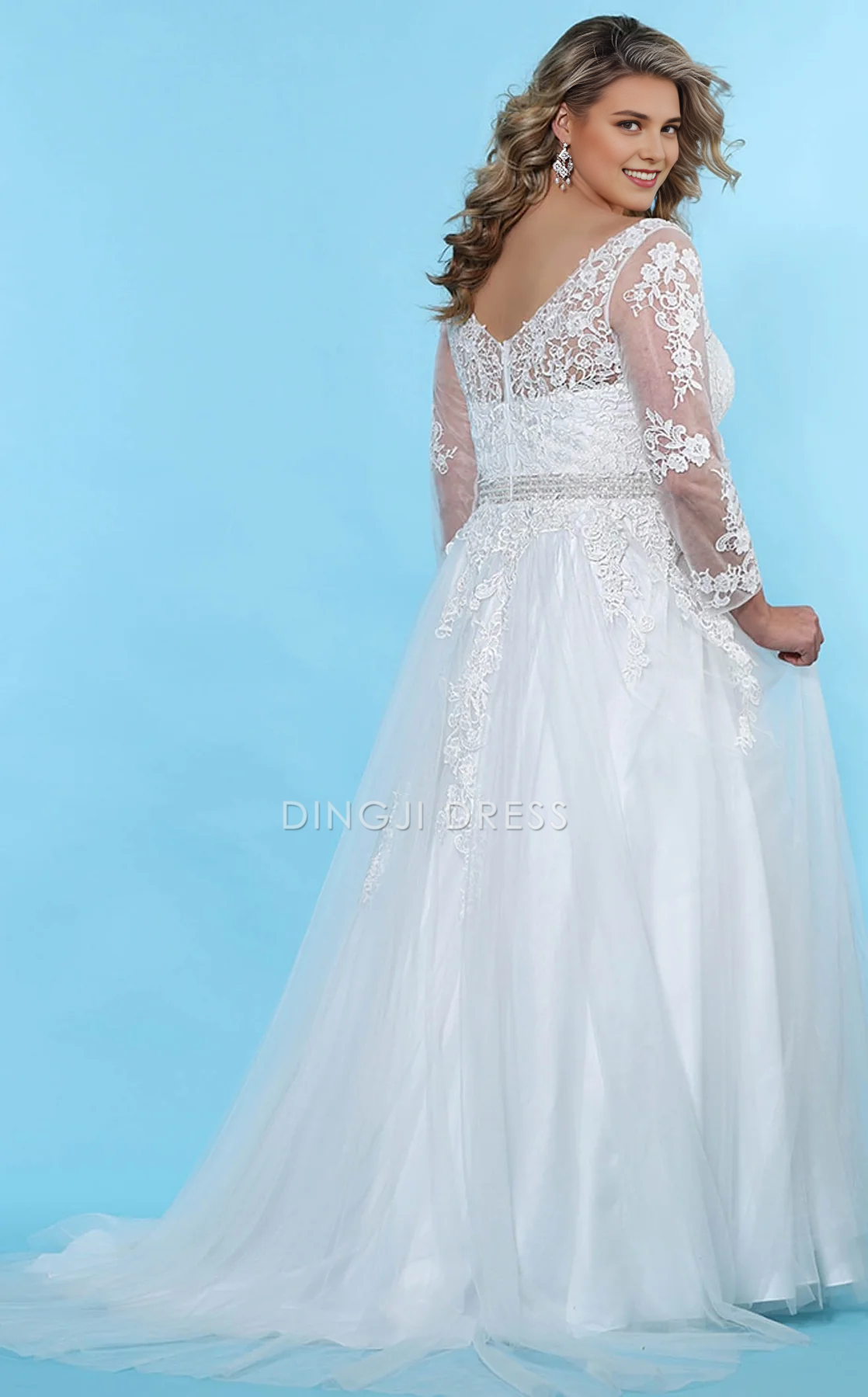 DingJiDress Hot Sale Wedding Dress Elegant A Line V Neck Long Sleeves Lace Applique Fashion Plus size Formal Wear Dresses