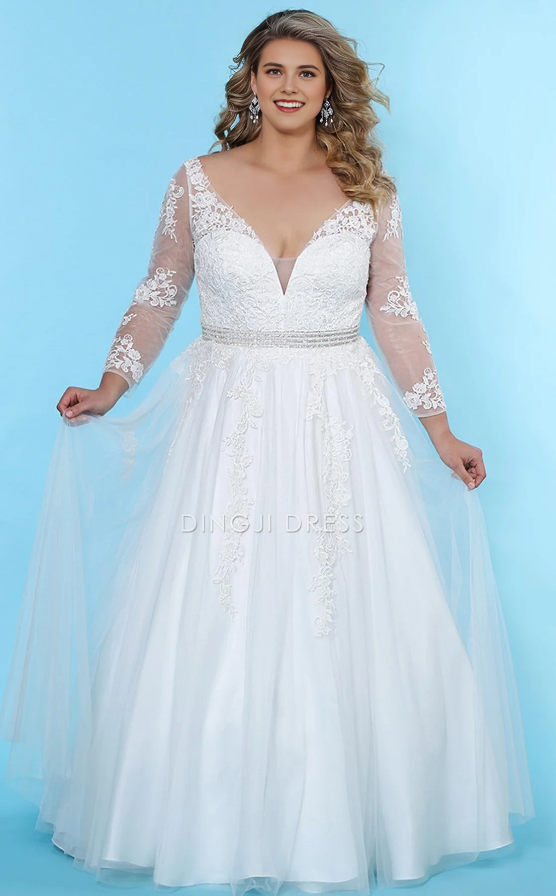 DingJiDress Hot Sale Wedding Dress Elegant A Line V Neck Long Sleeves Lace Applique Fashion Plus size Formal Wear Dresses
