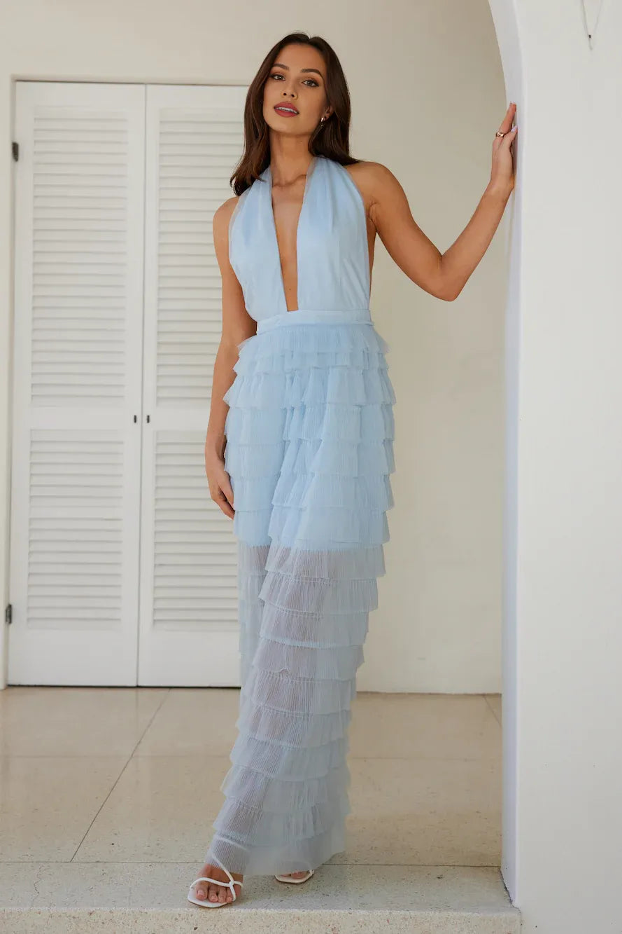 Discount Halter Tie Tiered Ruffle Mesh Blue Maxi Prom Dress For Women Custom