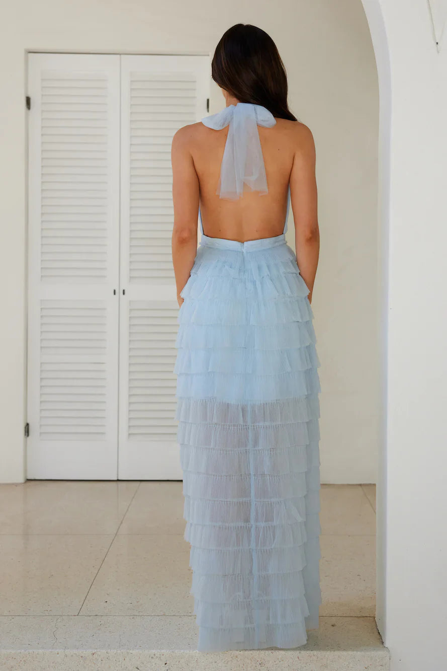 Discount Halter Tie Tiered Ruffle Mesh Blue Maxi Prom Dress For Women Custom